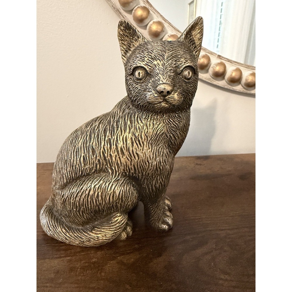 Vintage Style Gold Bronze Cat Figurine Sitting Kitty Statue Home Decor 6in‎
